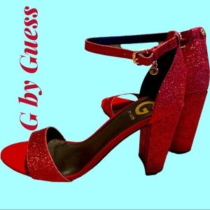 EUC G by Guess Size 8-1/2 red glitter block heel sandals